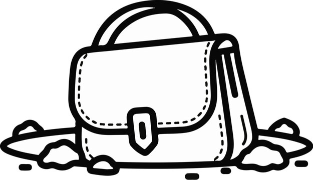 Stylized outline of a shoulder bag with a buckle, amidst scattered stones