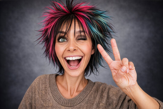 Energiegeladener Teenager/Jugendliche/junge Frau mit bunter Punk-Frisur zwinkert und macht das Friedenszeichen