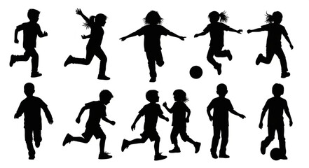 Fototapeta premium Silhouettes of kids playing soccer.