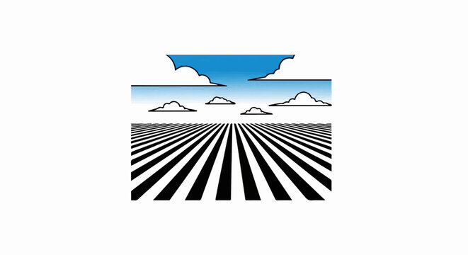Stylized perspective of a striped field under a cloudy sky