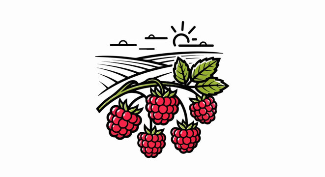 Sunny landscape with ripening raspberries on a branch and rolling hills