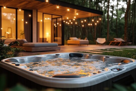 bubbling outdoor hot tub on a wooden deck beside a modern glass house with warm string lights, lounge beds and chairs, surrounded by trees at dusk, inviting and cozy