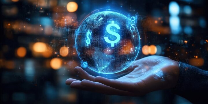 hand holding glowing digital globe with dollar symbols, futuristic financial technology conveying optimism and innovation