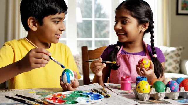 Siblings painting colorful easter eggs together at home
