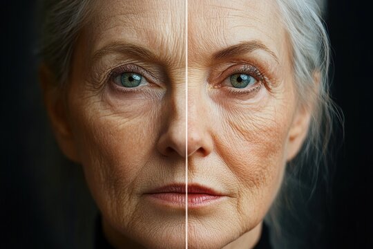 close-up of silver hair and ear with loose wisps against a dark background conveying a quiet, contemplative mood