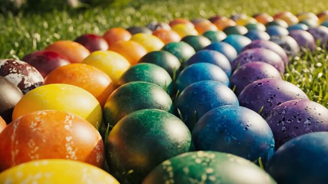 Colorful rainbow easter eggs resting in green grass