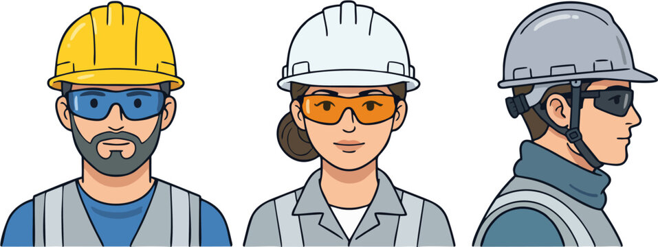 Construction Worker and Engineer PPE Vector Set &ndash; Hard Hats and Safety Glasses Characters (Front and Side Profile), Isolated