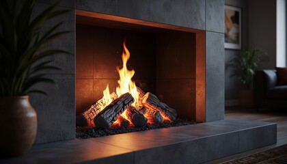 Naklejka premium A fireplace features a vibrant fire with logs and glowing embers. The cozy setting includes a plant beside the fireplace and a comfortable couch in the background.