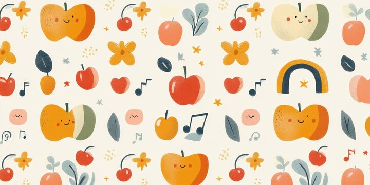 cheerful seamless pattern of smiling apples, cherries, small flowers, leaves, musical notes, rainbows, hearts and tiny stars on a soft cream background