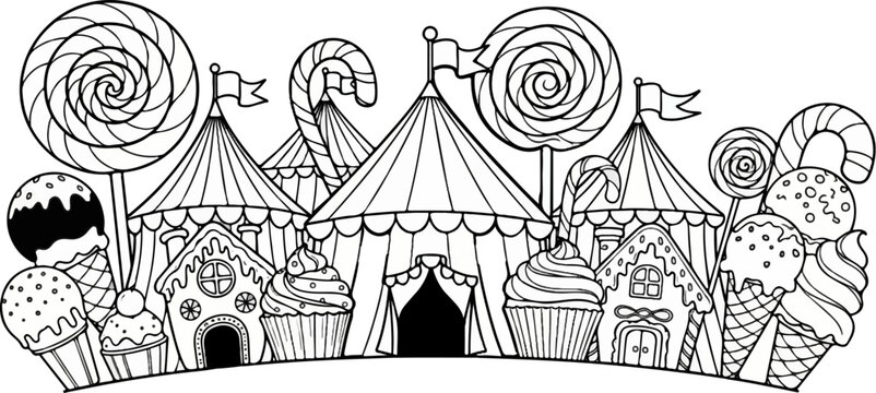 Whimsical candy land with circus tents and sweet treats