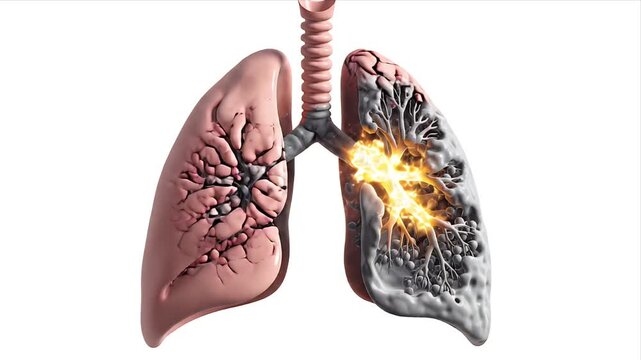 Detailed 3D CGI Medical Animation of Human Lungs Illustrating Respiratory System Diseases and Infections on a White Isolated Background