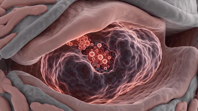 Detailed 3D Medical Animation Illustrating a Diseased Heart Valve with Cellular Abnormality and Blood Flow Circulation in a Dark Brown Abstract Background with Dramatic Lighting