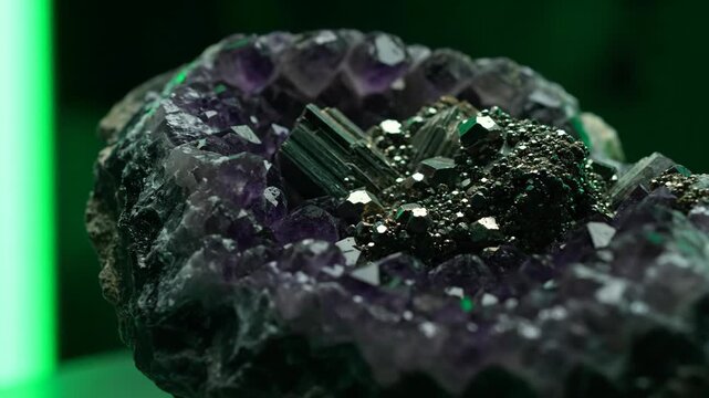 Close-up of amethyst geode with pyrite and tourmaline crystals, illuminated by green light.