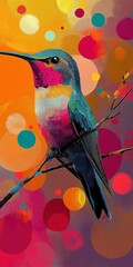 Fototapeta premium vibrant stylized hummingbird perched on a slender branch with iridescent teal and magenta plumage against a warm abstract background of colorful bokeh circles, cheerful and whimsical