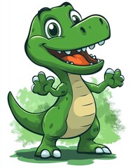 Fototapeta premium happy green cartoon baby dinosaur standing with arms raised, big eyes and open smiling mouth, playful energetic pose on green splash background