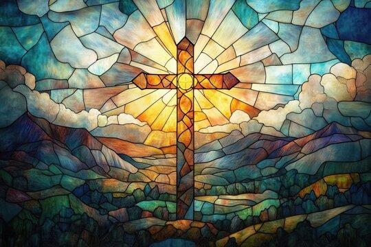 Colorful stained glass window showing a radiant cross with golden sunrays breaking through clouds over rolling mountains, trees, and a peaceful valley, evoking hope and serene reverence