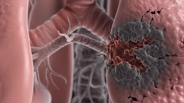 Detailed 3D Medical Animation Illustrating Malignant Lung Cancer Growth and Destruction Within Human Respiratory System Anatomy