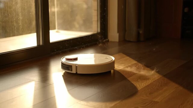 Robot vacuum cleaner cleaning wooden floor by window, home automation, technology.