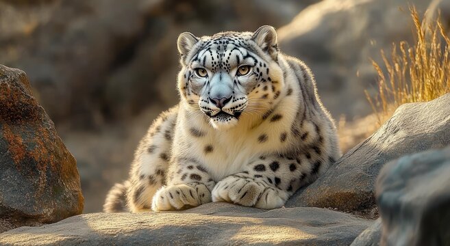 Snow leopard resting on sunlit rocks with alert watchful gaze, soft spotted fur and dry grass in warm golden light