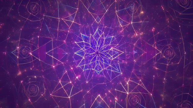 Abstract geometric kaleidoscope with star shapes and spirals on purple background