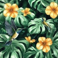 Fototapeta premium two vibrant hummingbirds among large monstera leaves and golden hibiscus flowers in a tranquil tropical scene