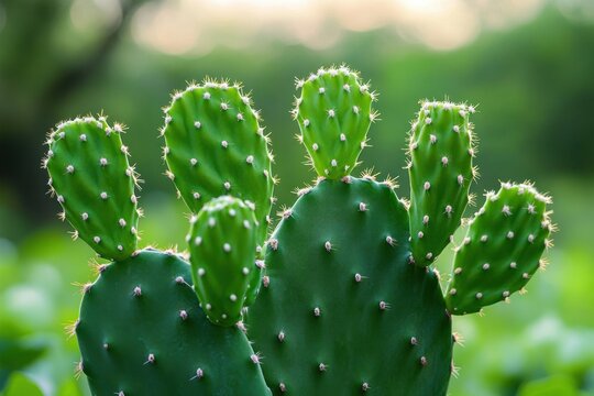 sunlit green paddle cactus pads with tiny spines against a soft blurred garden background, tranquil and fresh