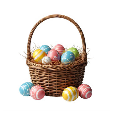 A wicker basket filled with colorful plastic easter eggs and a single chocolate egg
