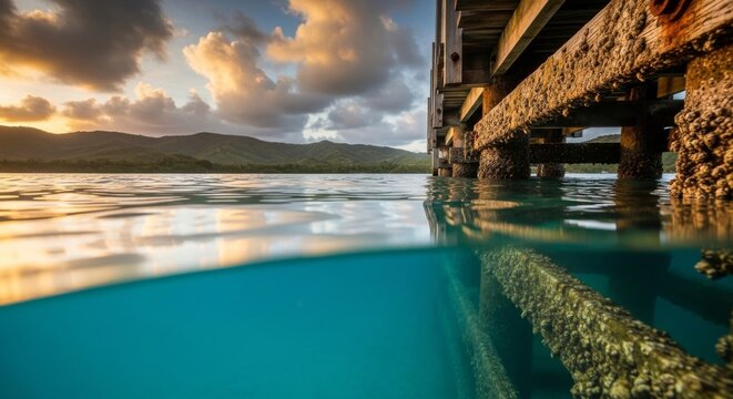 Pier Ocean and Sunset reflecting on calm turquoise waters with a scenic view of distant mountains Coastal landscape tropical paradise and serene beauty showcasing underwater perspective golden hour