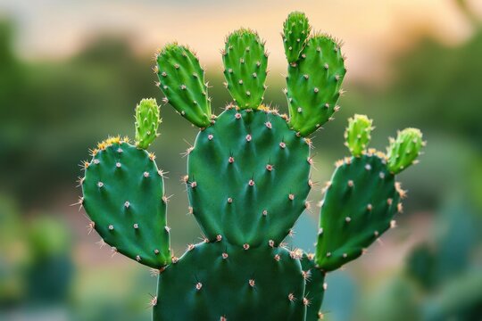 close-up of green prickly pear cactus pads with fresh new growth and sharp spines bathed in warm sunset light, evoking calm resilience