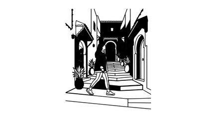 Obraz premium Stylized sketch of a person walking up stairs in a narrow alley
