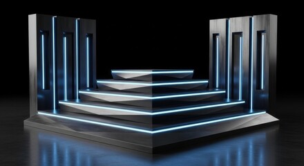 Fototapeta premium Futuristic 3D Tiered Podium with Blue Neon Lights for High-Tech Product Display, Cyberpunk Gaming Stage Background for Electronic Presentations
