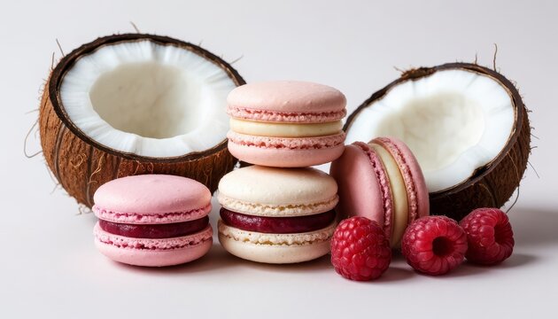 colorful macaroons alongside halved coconuts. The macaroons are pink and creamy, positioned with fresh raspberries for vibrant contrast.