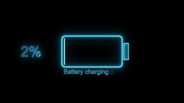 Abstract neon battery charge sign animation. Futuristic glowing polygonal battery icon with electric charging symbol. Bright neon light effect showing power energy and fast charging concept.