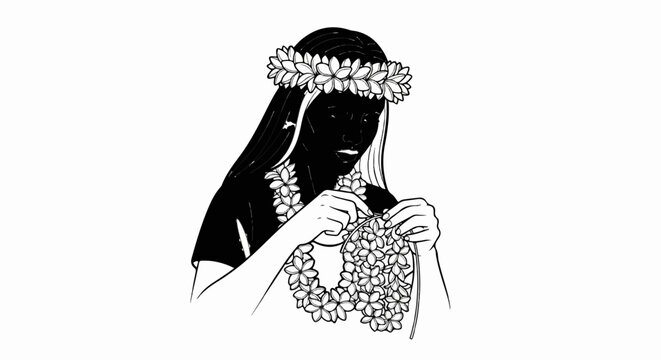 Woman wearing flower lei, crafting another lei with hands