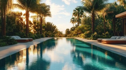 Obraz premium sunlit tropical pool with palm trees, cushioned loungers and calm reflective water evoking a warm serene sunset mood