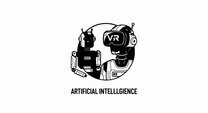 Two robots, one wearing VR goggles, inside a circle with text below