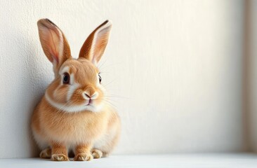 Obraz premium fluffy tan rabbit with upright ears sitting against a pale wall, curious gentle expression