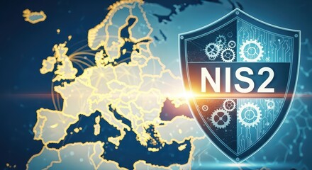 NIS2 Directive shield over Europe map, cybersecurity, network security, EU regulation