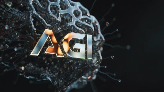 Futuristic neural network with glowing metallic letters and AGI inspired neuron structure