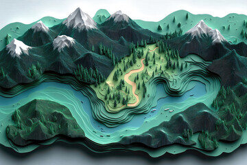 Fototapeta premium Scenic Topographic Paper Style Map of a Peaceful Island