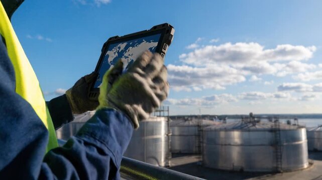 Rugged tablet map held by worker glove at industrial storage tank site focused and productive