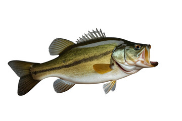 Fototapeta premium Largemouth bass fish leaping with open mouth, catching air, displaying sport fishing and freshwater wildlife