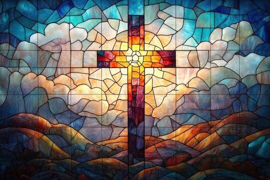 stained glass window with radiant cross and sunburst, glowing light through clouds over rolling hills, colorful uplifting and serene scene