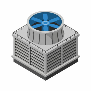Isometric illustration of a large industrial cooling tower with a prominent fan at the top, designed for efficient heat dissipation in industrial processes.