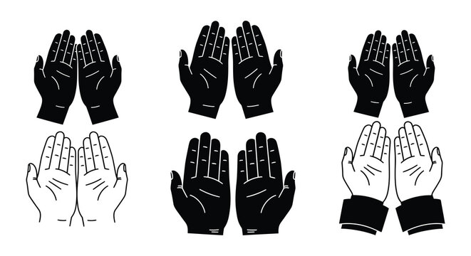 Six depictions of human hands in various positions and colors