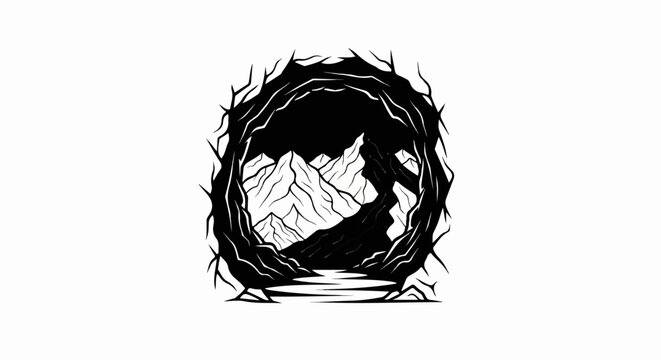 Stylized, stark, monochromatic mountain landscape viewed from dark cave entrance