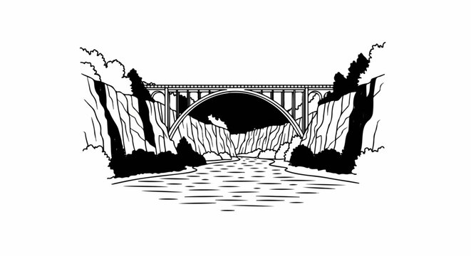 Large arch bridge spans a river canyon with rocky cliffs and trees