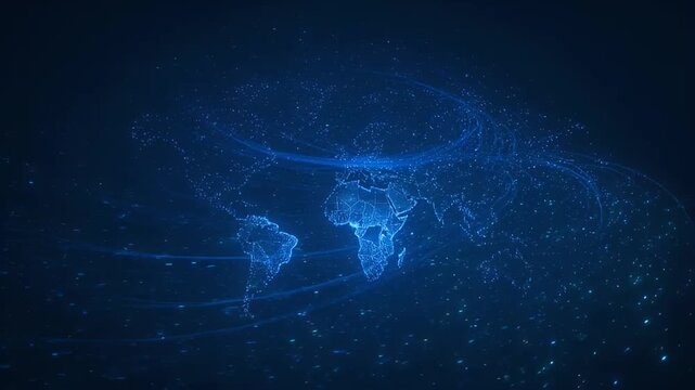 Abstract digital world map with glowing dots on a dark blue background