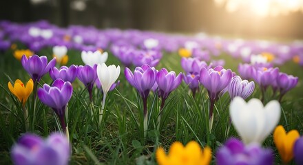 Obraz premium Vibrant easter flowers blooming in green grass on easter sunday morning with purple white and yellow crocuses