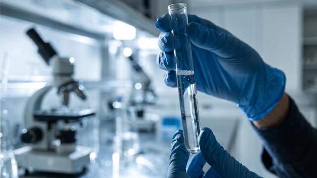 Gloved hand holding test tube with clear liquid in laboratory test setting scientific precision